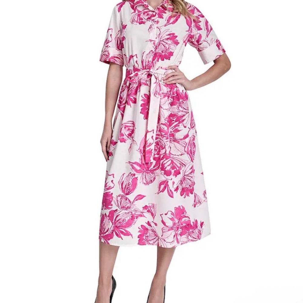 DKNY by Donna Karan White Midi Dress with Pink Floral Print and Waist Tie